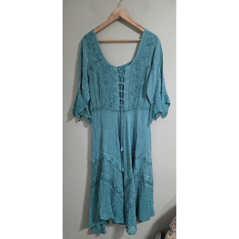 Vinrage Lapogee turquoise bohemian corset Dress scoop neck bell sleeves One Size